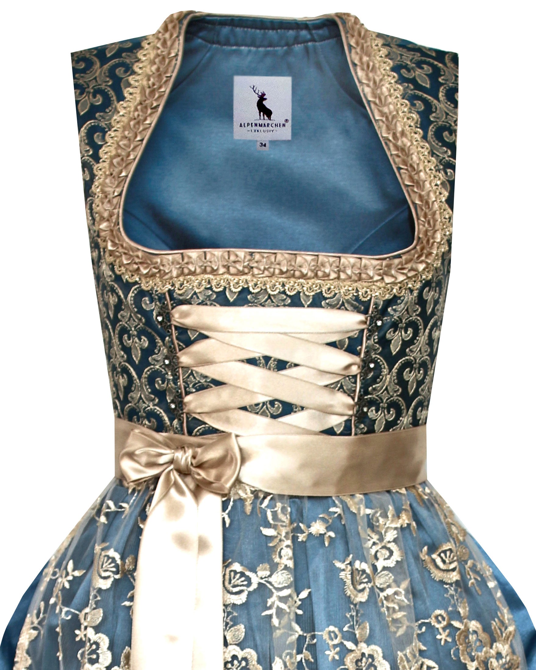 Langes Dirndl Thea in blau und creme - ALM912
