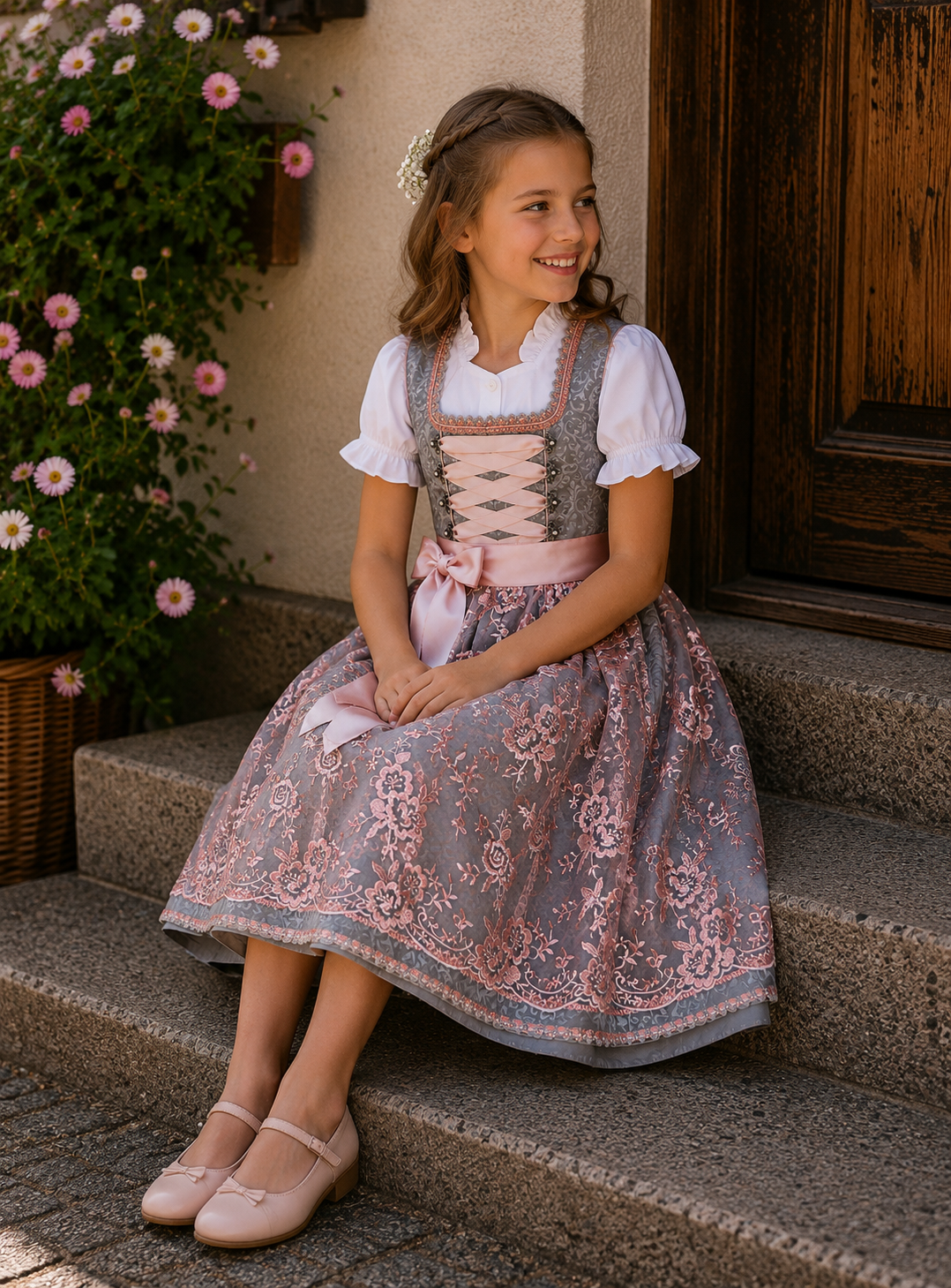 Kinderdirndl Dornröschen in Grau - ALM-K566