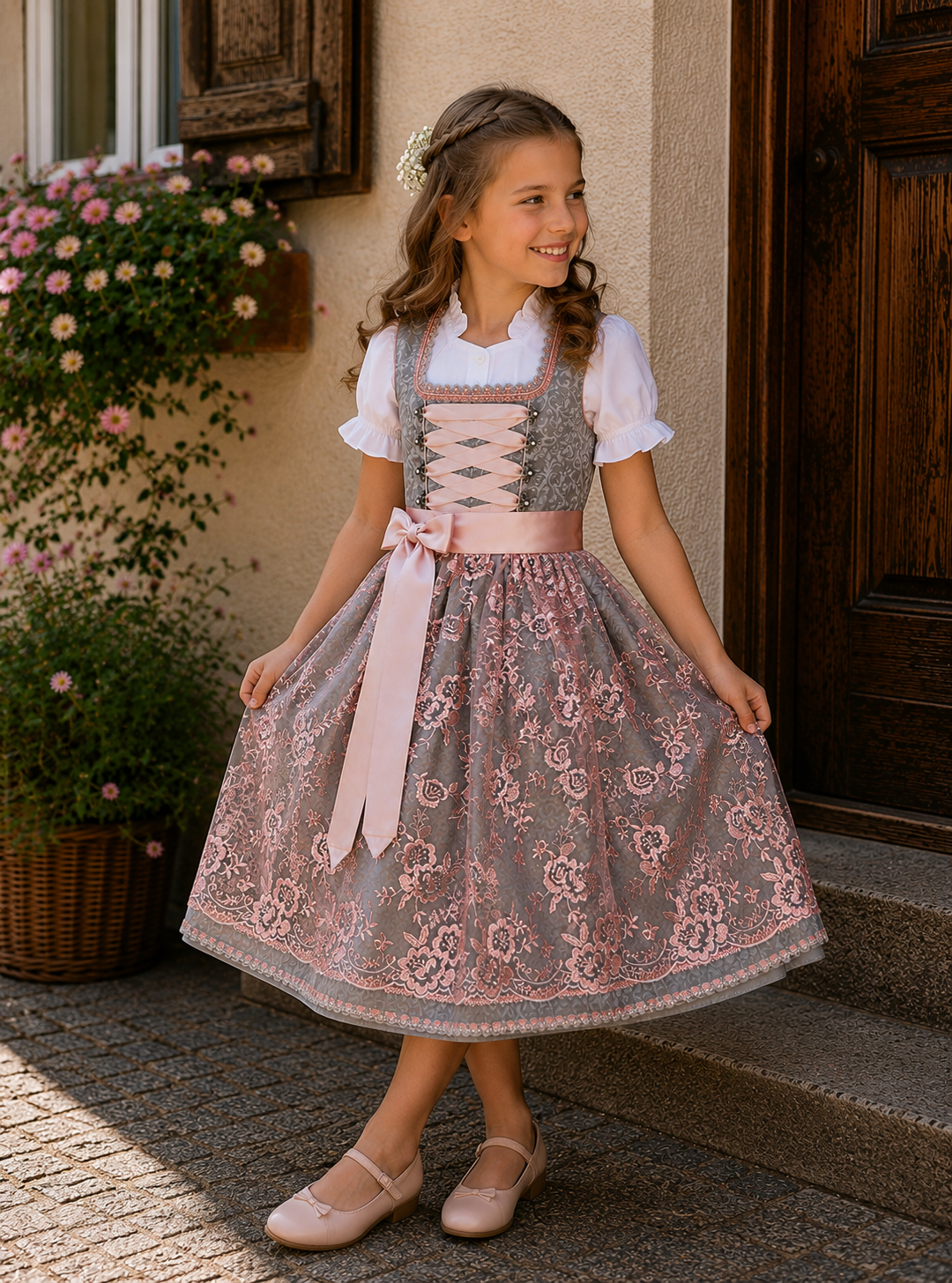 Kinderdirndl Dornröschen in Grau - ALM-K566