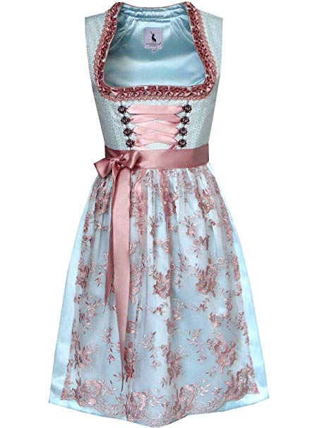 Alpenmärchen Midi Dirndl uit exclusieve collectie incl. kanten schort maat 32-54 - ALM942, blauw-roze, 38 Alpenmärchen Midi Dirndl uit exclusieve collectie incl. kanten schort maat 32-54 - ALM942, blauw-roze, 38