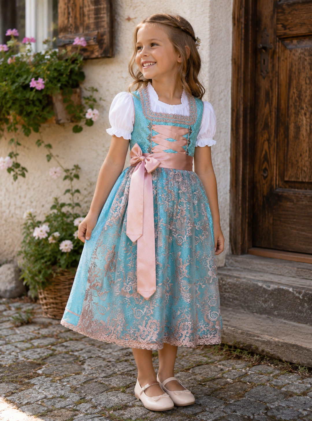 Kinderdirndl Elaine in Türkis  - ALM-K761