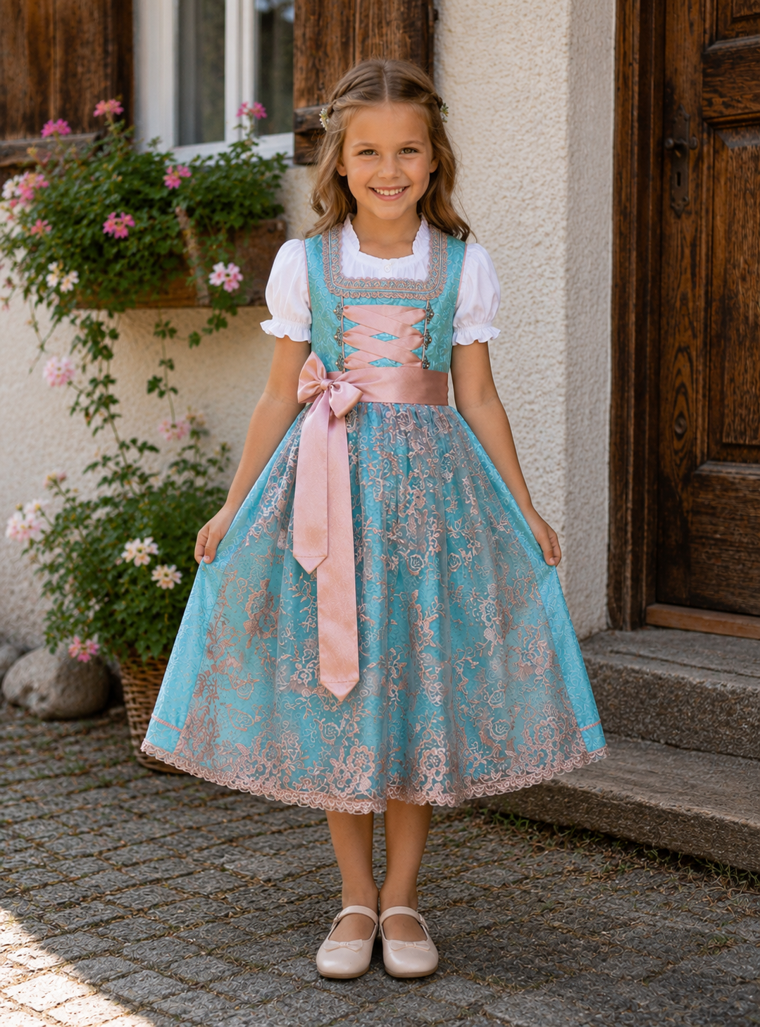 Kinderdirndl Elaine in Türkis  - ALM-K761