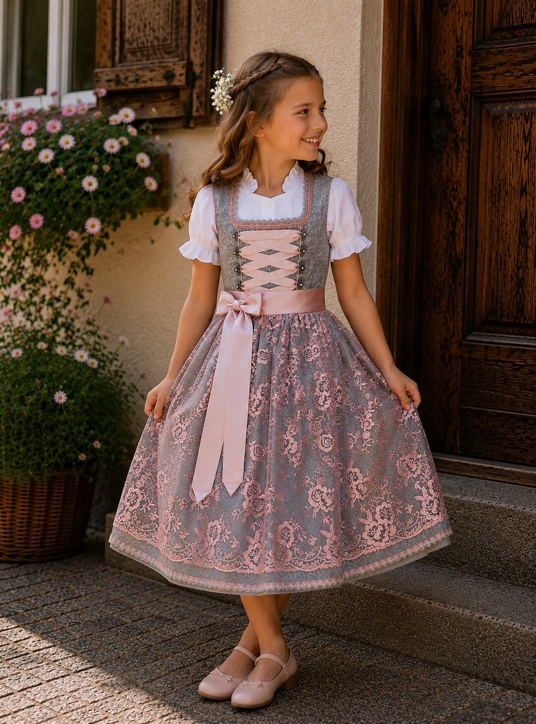 Kinderdirndl Dornröschen in Grau - ALM-K566
