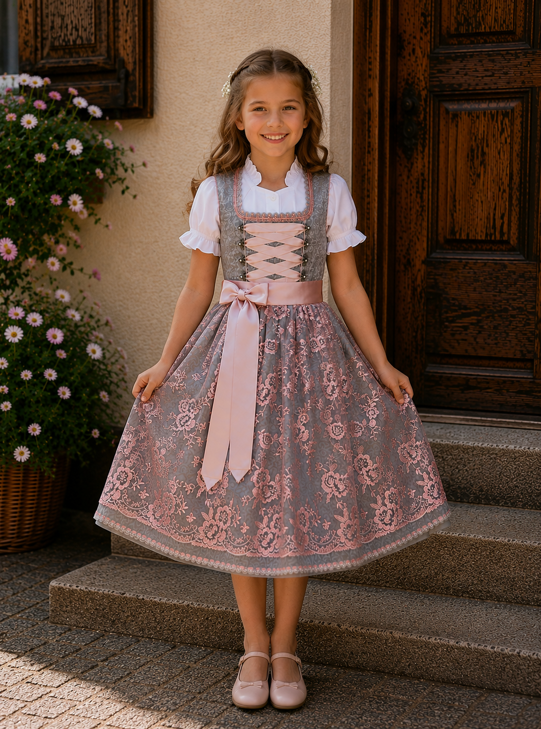 Kinderdirndl Dornröschen in Grau - ALM-K566